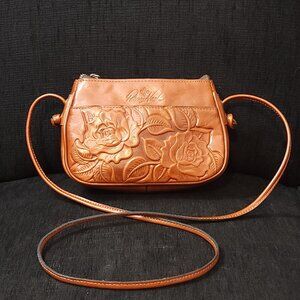 Patricia Nash Bacoli Rose Tooled Small Brown Leather Crossbody Bag